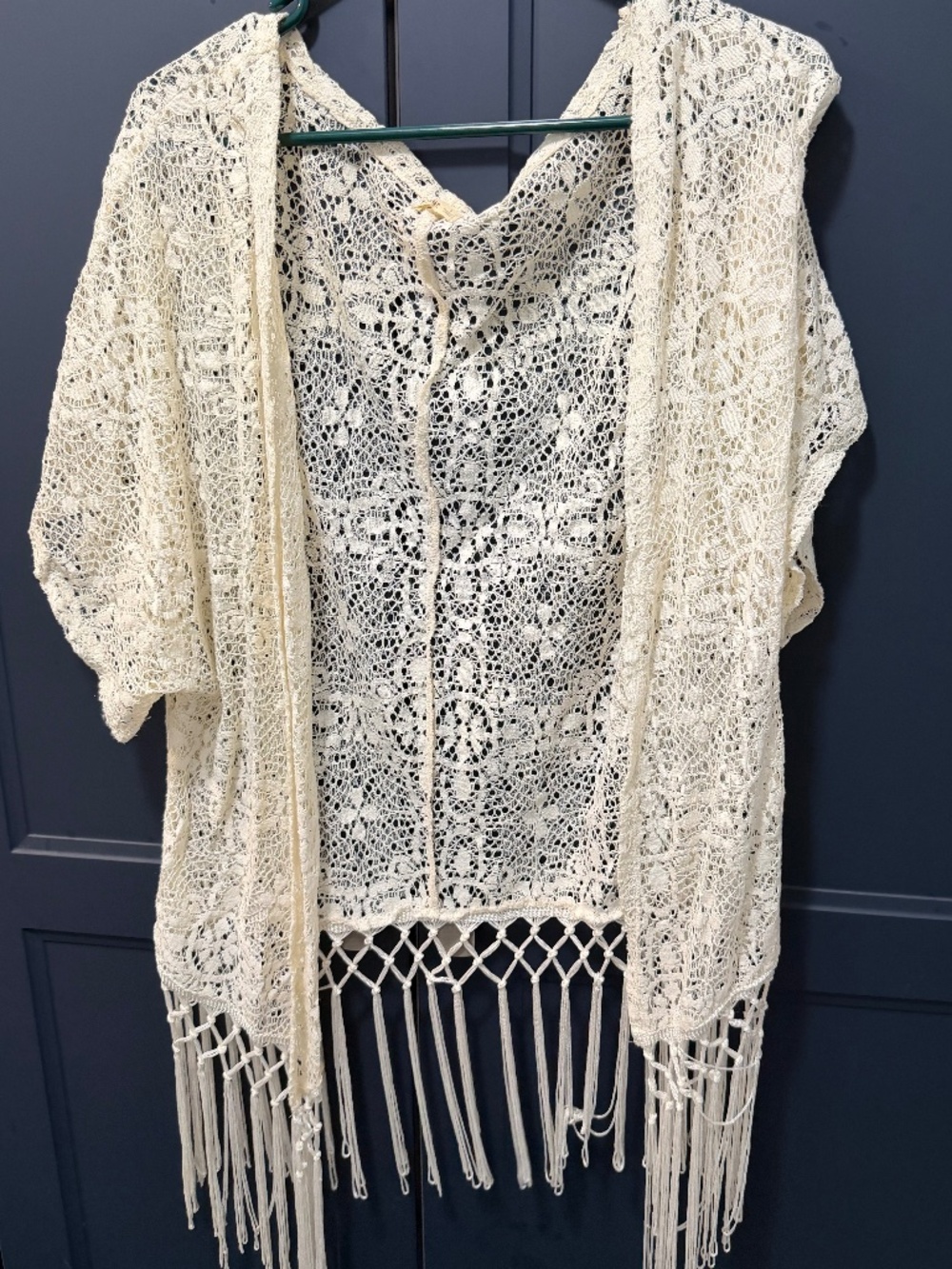 Hollister Cream Crochet Fringe Kimono